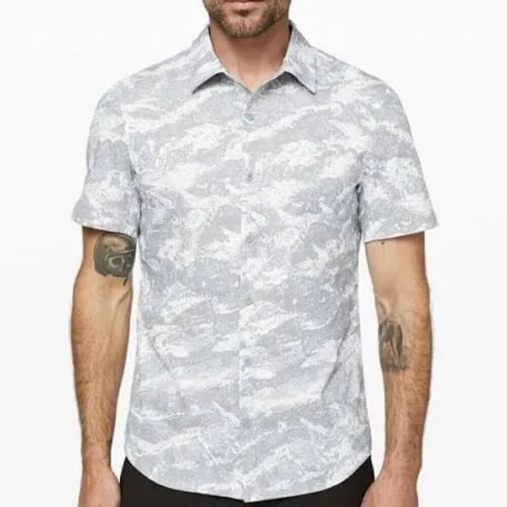Lululemon Airing Easy Short Sleeve Buttondown Shirt Grey White Breakwater Medium